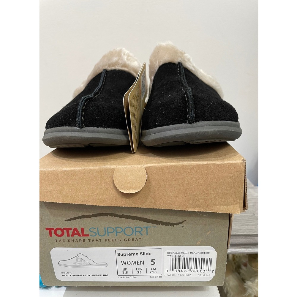 Spenco Supreme Slide Black Suede Faux Shearling Slippers Womens 5 Orthotic Mules